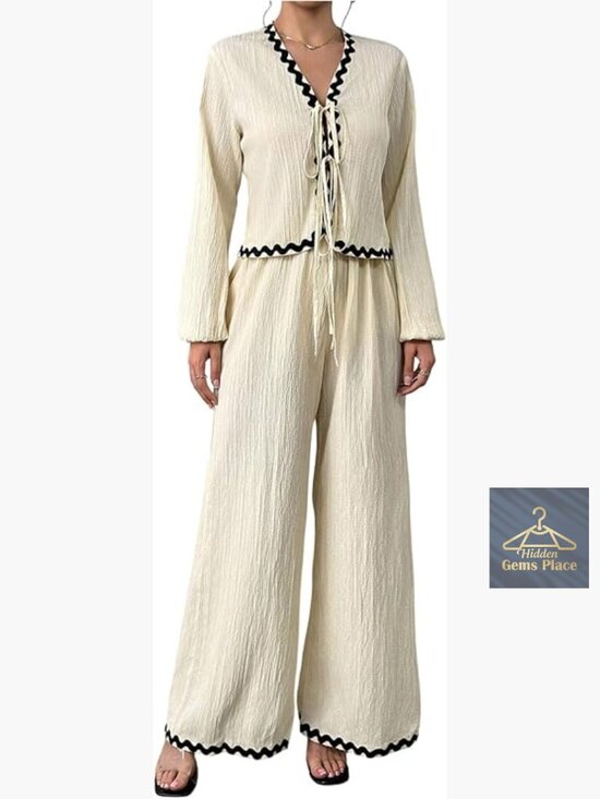 Pants - Long Sleeve Tie Front Top & Wide Leg Palazzo Pants Lounge Set